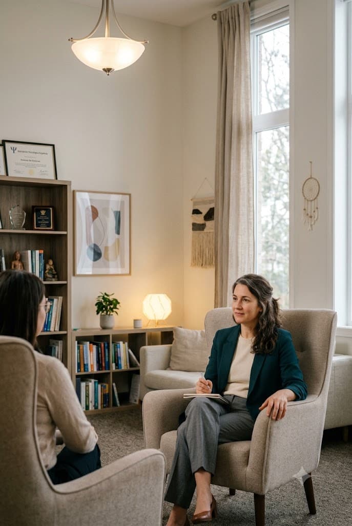 Dos personas conversando sentadas en un salón luminoso